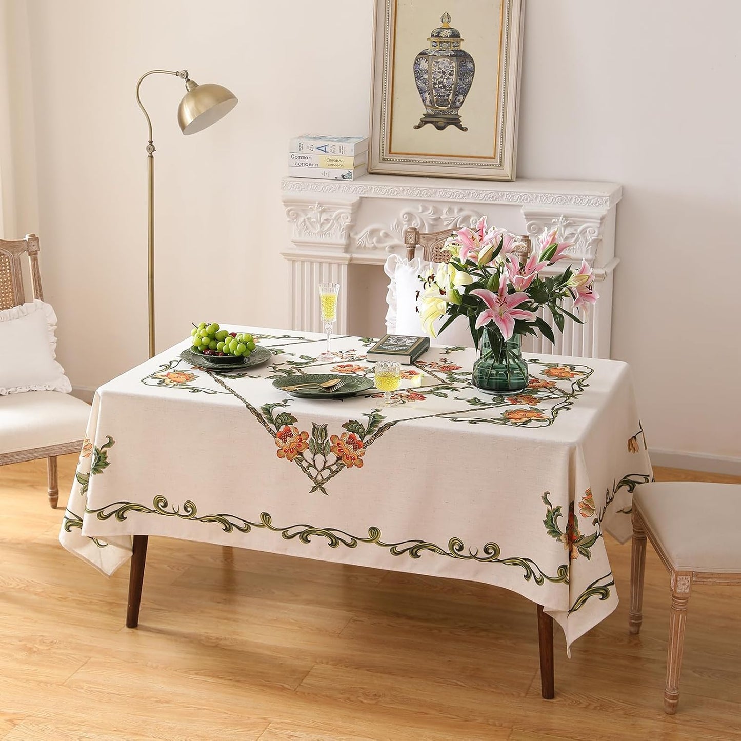patdrea Designer Vintage Linen Rectangle Tablecloth,French Floral Tablecloths,Wrinkle Free Table Cloth,Decorative Table Cover Cloth for Kitchen,Dining,Tea Party,Home,Christmas,67"*118"