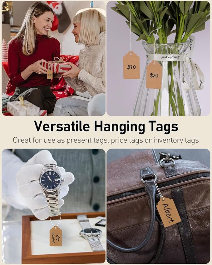 Uniclife 200 Pcs Price Tags with String Attached 1.8 Inch Writable Brown Kraft Paper Tags Hang Tag Price Display Labels for Pricing Clothing Jewelry Blank Merchandise Marking Label, 1.8" x 1"