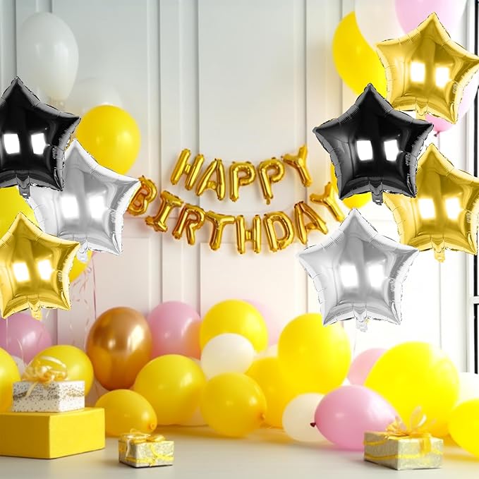 Black Gold Silver Star Foil Balloons, 10PCS Foil Stars Shape Balloons, 18 Inch Metallic Black and Gold Stars Balloon for Helium Pentagram Balloon for Birthday, New Years, Graduation Party Decorations