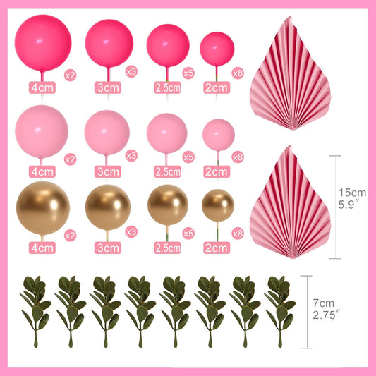 NEBURORA 64 Pcs Balls Cake Toppers and Leaves Decoration Set Mini Balloons for Cake Decorating Supplies Balls Cake decorations for Baby Shower Cake Toppers Birthday Cake Decorations (Pink Gold)