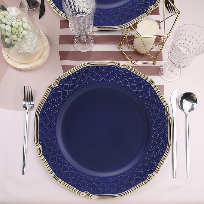 Royal Blue Charger Plates with Beaded Rims, Set of 6 Plastic Wedding Bulk Plate Charges for Dinner Plates, Table Decoration, Holiday, Thanksgiving, Christmas.