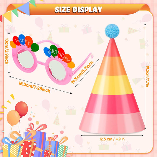 24 Pcs Birthday Party Hats Party Cone Hat with Pom Poms Birthday Glasses Photo Booth Props for Kids Adults (Dot Style)