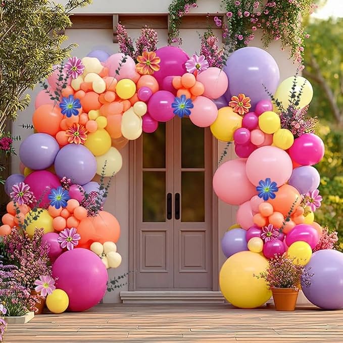 Hot Pink Purple Balloon Arch Double Stuffed Balloons with Cosmos Artificial Flowers Eucalyptus Leaves Pastel Yellow Peach Magenta Latex Garland for Wildflower Birthday Baby Shower Wedding Party Decor