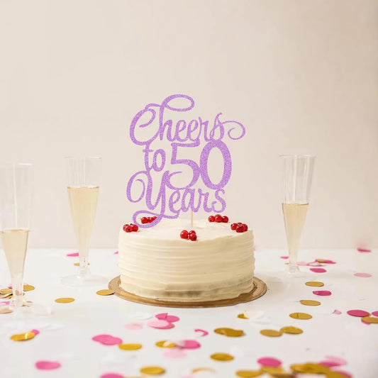 Cheers to 50 Years Cake Topper - Light Purple Glitter 50th Birthday Cake Decorating Supplies, Perfect for 50th Anniversary or Fifty Birthday Party, Photo Booth Props