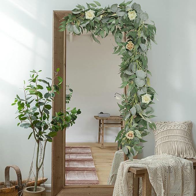 6 Pack Artificial Eucalyptus Garland with Willow Leaves Each 6.5 Feet Faux Greenery Garland for Wedding Arch Mirror DIY Garlands Decor