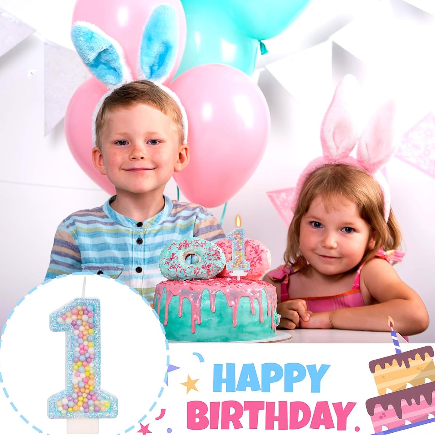 Birthday Candles - Number 1 Candle, Colorful Macaron Candles for Boys/Girls, Blue Cake Decorations, Theme Party Supplies