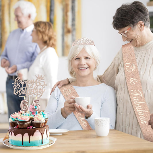 65th Birthday Decorations for Women, Including Sash, Crown/Tiara, Candles, Cake Topper, 65th Birthday Gifts for Women