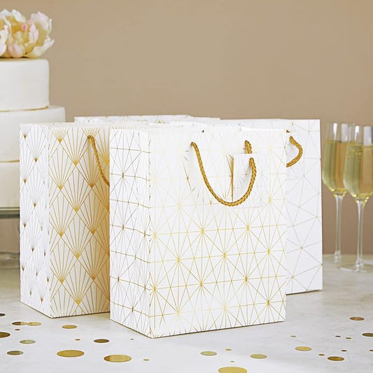 Sparkle and Bash Party Favor Bags - 8" x 10" x 4.5", Medium White & Gold, 16 Pack - Geometric Foil w/Rope Handles & Tags - Reusable Thank You Gift & Mini Gift Bags for Wedding, Bridal & Baby Showers