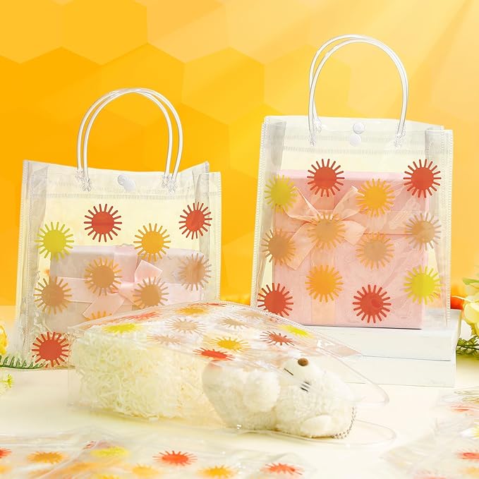 Kacctyen 24 Pcs Boho Sun Pattern Gift Bags for Party Favor Clear Boho Sun Goodie Bags with Handle 7.87 x 7.87 x 3.15 Return Gift Wrap Totes for Guests Treat Candy Wrapping