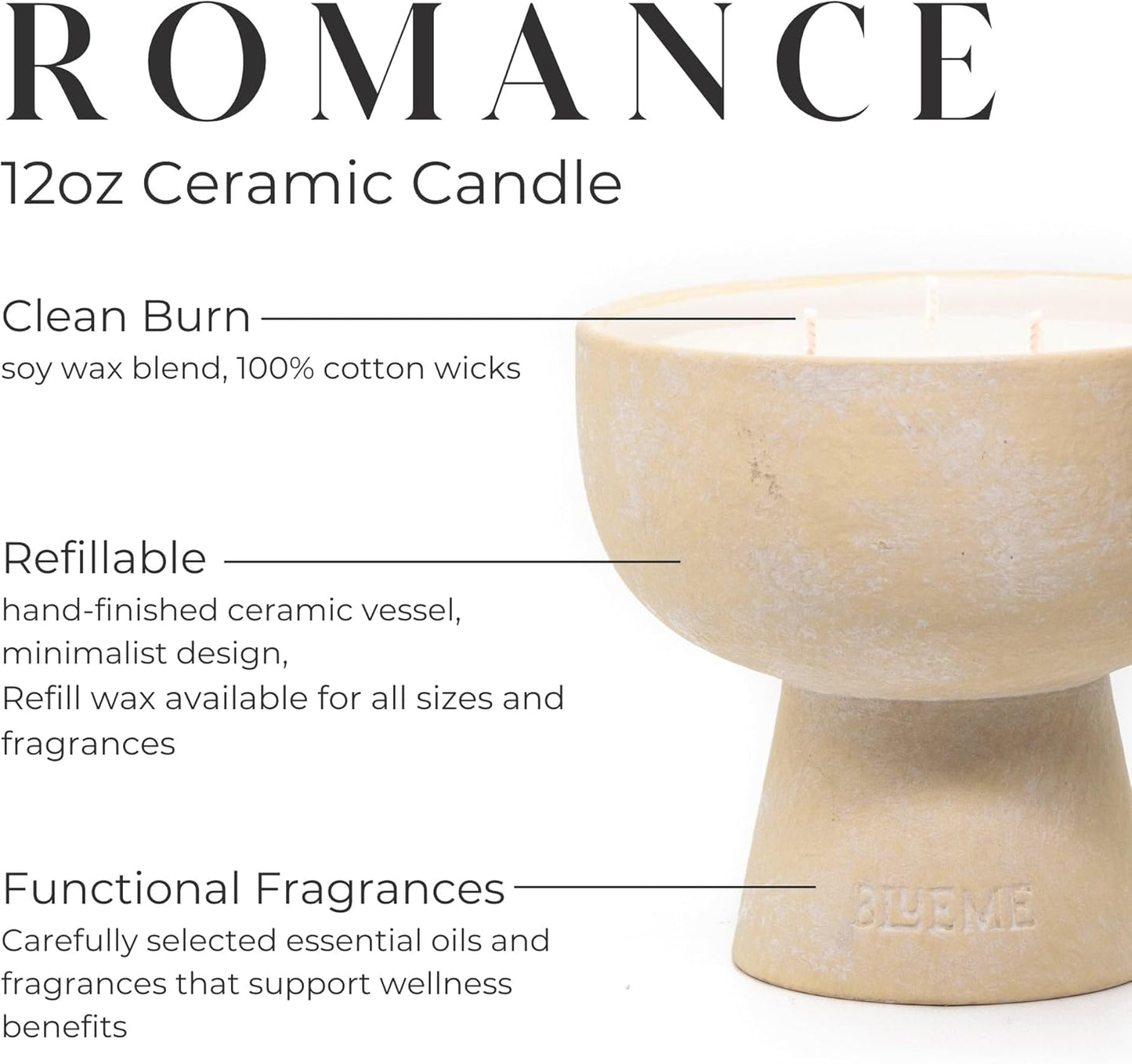 BLUEME Romance - Oakmoss & Sandalwood, Luxury Candle w/Essential Oils, 3 Wick, Hand-Poured Soy, Cotton Wick, Ceramic