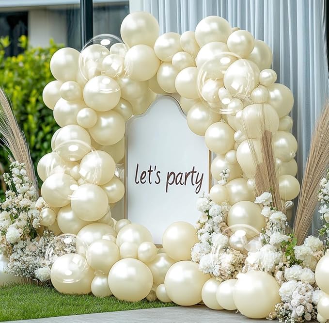 Pearl Ivory White Balloon Arch Double Stuffed Pastel White Ivory Cream Beige Balloon Garland Kit Different Sizes 12/10/5in With Clear Bobo Balloons for Birthday Wedding Bridal Baby Shower Party Decor