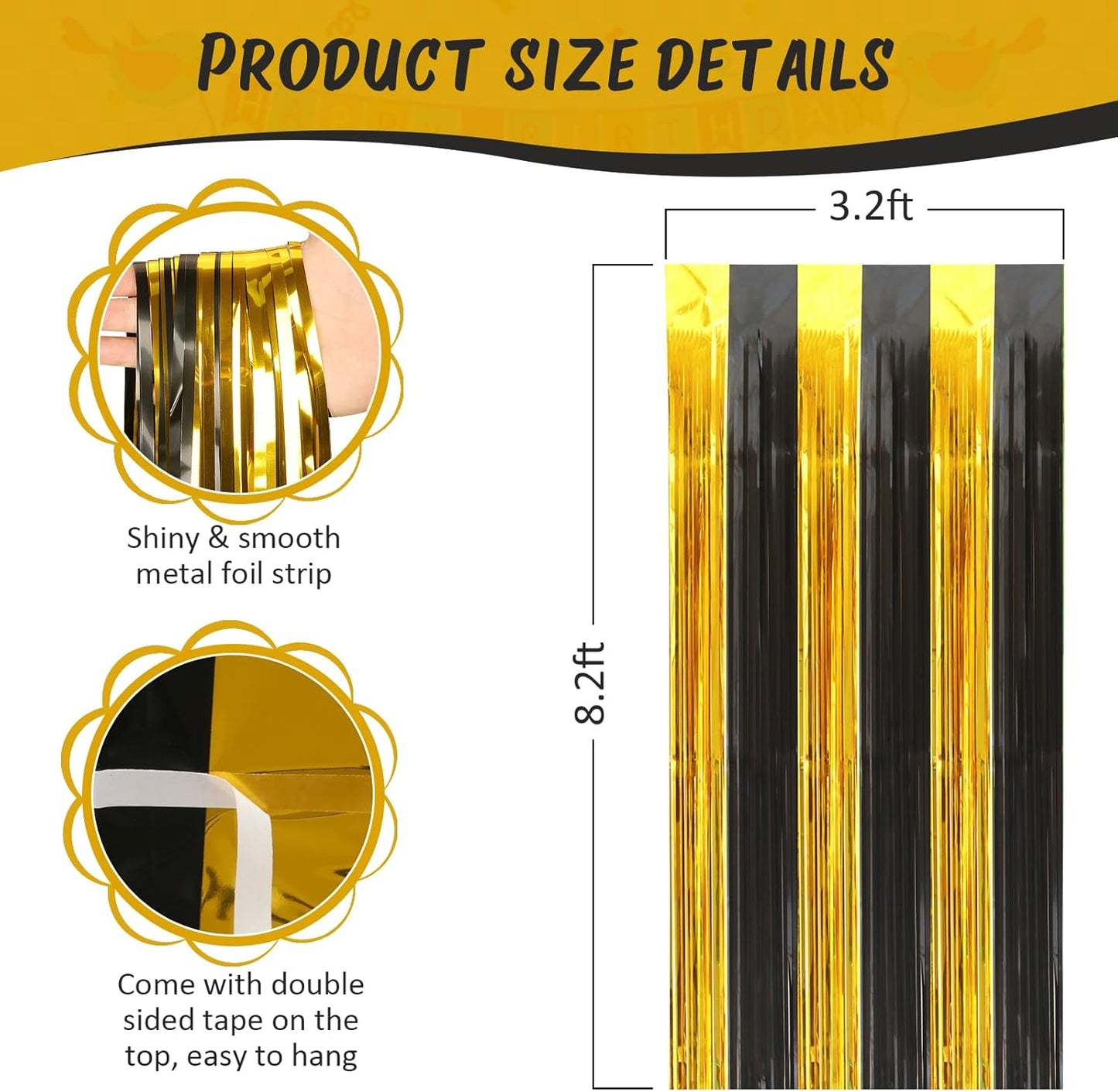 Accevo 3Pack Black Gold Party Streamers 3.2x8.2 Feet Metallic Foil Fringe Curtains Tinsel Streamers Party Decor Photo Booth for Christmas New Year Party Decorations Gold Black Party Decoration