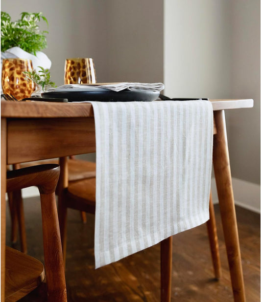 Solino Home Linen Table Runner 132 Inches Long - Amalfi Stripe, 100% Pure Linen Natural and White Table Runner 14 x 132 Inch for Dining, Thanksgiving