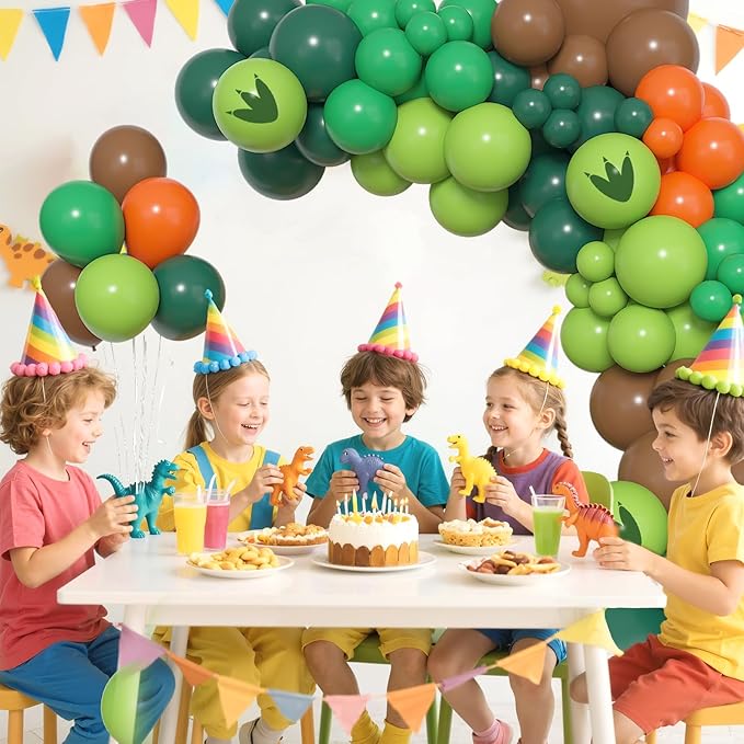 Amandir 153pcs Dinosaur Balloons Arch Garland Kit, Different Sizes 18 12 10 5 inch Dark Green Brown Orange Printed Dino Balloons for Boys Jungle Safari Dinosaur Birthday Party Baby Shower Decorations
