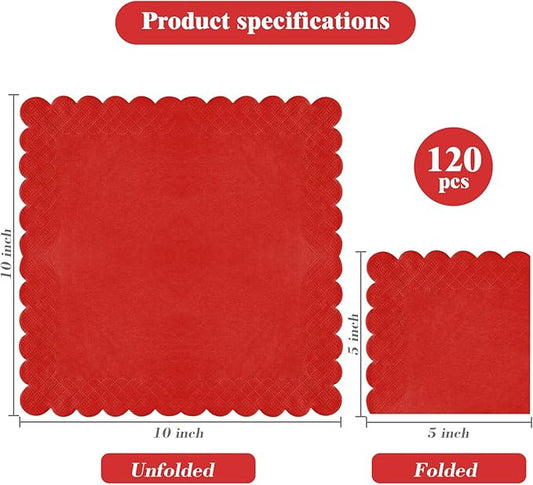 120 Pcs Red Scalloped Cocktail Napkins,2-Ply Red Disposable Beverage Party Napkins for Dinner Wedding Birthday Baby Shower