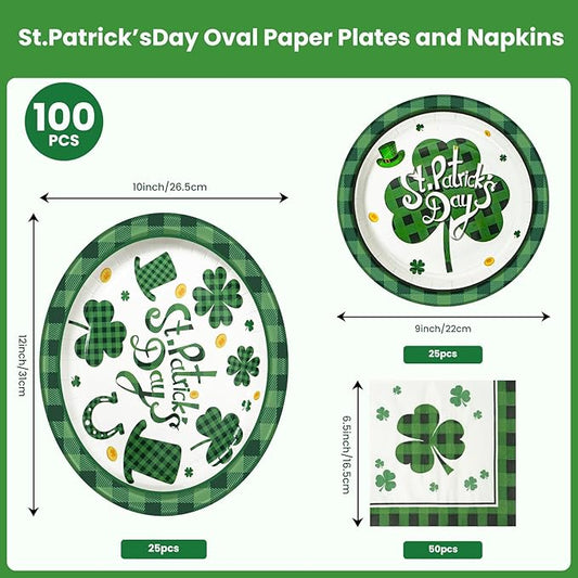 Dereinwo 100 PCS St Patricks Day Paper Plates and Napkins | Bundle Includes Paper Oval Dinner Plates Dessert Plates and Napkins for Irish Holiday Party Supplies Themed Tableware | Serve 25
