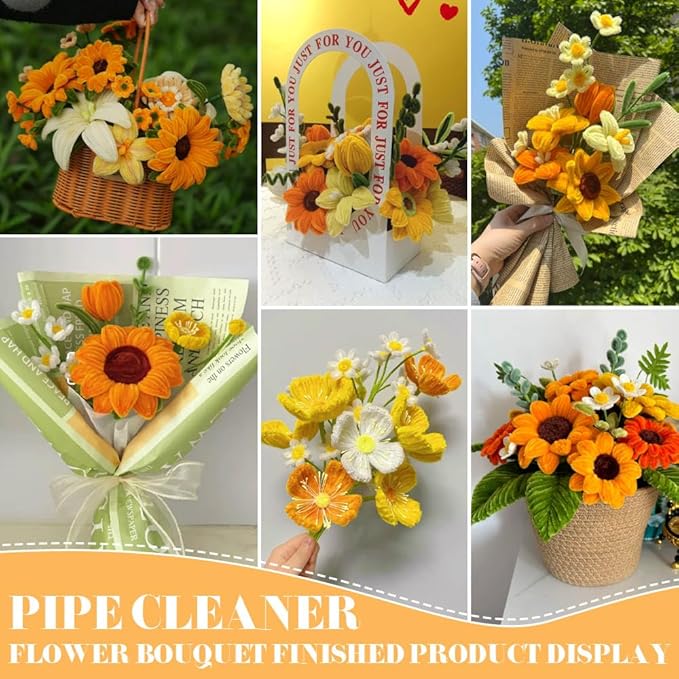 620 Pieces Golden Pipe Cleaners Craft Set, 600 Pcs Chenille Stems with 20 Pcs Flower Stems, for DIY Art and Craft Projects Creative Gift Wrapping Party Decorations(Sunflower Series)