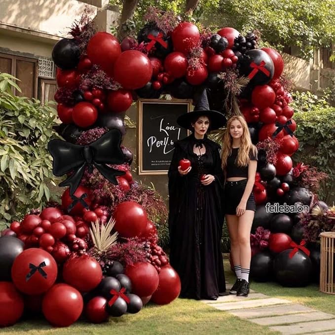 Dark Red Black Balloon Arch Kit with Bow, Double Stuffed Burgundy Black Red Maroon Balloon Garland for Birthday Baby Shower Anniversary Wedding Graduation Mother‘s Day Party Decoration