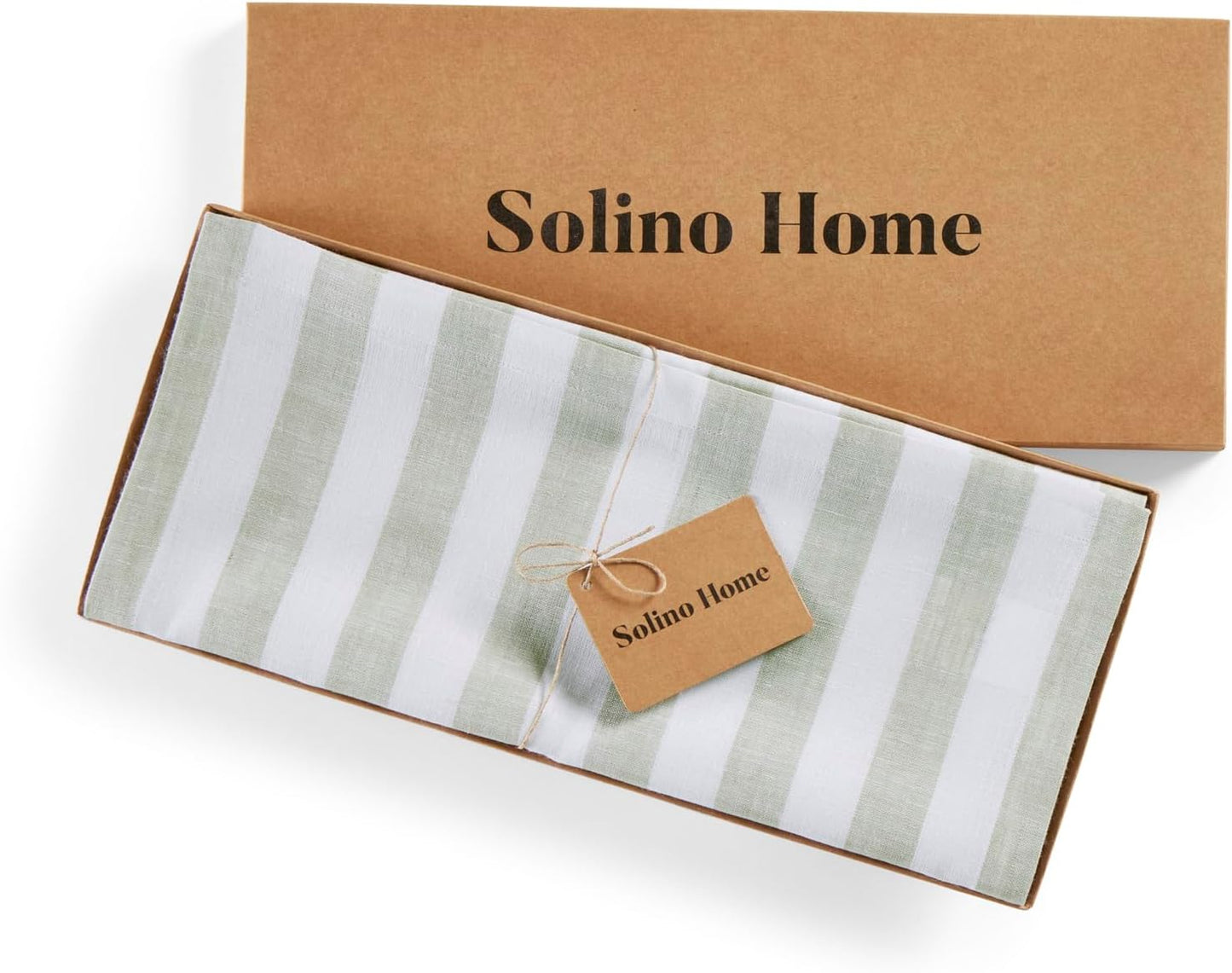 Solino Home Linen Striped Table Runner 36 Inches - Sorrento Stripe, 100% Pure Linen Sage and White Small Table Runner 14 x 36 Inch Ideal for Dresser and Coffee Tables - Fall, Thanksgiving, Christmas