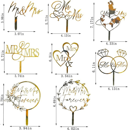8 Pcs Mr and Mrs Cake Topper, Gold Acrylic Wedding Cake Toppers, Personalized Wedding Cake for Weddings, Engagement, Anniversary,Bridal Shower Cake Decoration
