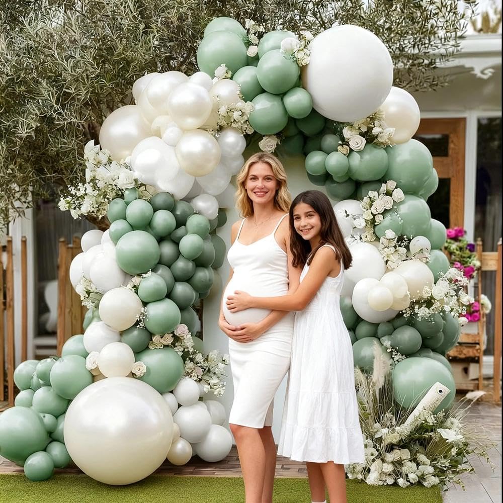 Sage Green White Balloon Garland Double Stuffed Dusty Green White Pearl Balloons Olive Pastel Balloon Arch Kit for Neutral Baby Shower Bridal Shower Birthday Baptism Christmas Party Decorations