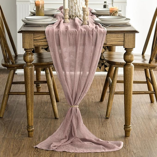 Artoid Mode Boho Cheesecloth Gauze Dusty Pink Wedding Table Runner, 120 Inch Seasonal Fabric Kitchen Dining Holiday Table Decor for Home Party Indoor