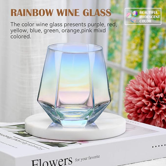 CUKBLESS Wine Glasses Set of 6 (10 Oz), Stemless Wine Glass for Red and White Wine, Iridescent Diamond Shaped Glassware for Whiskey, Cocktail, mixed wine, soft drink, and more