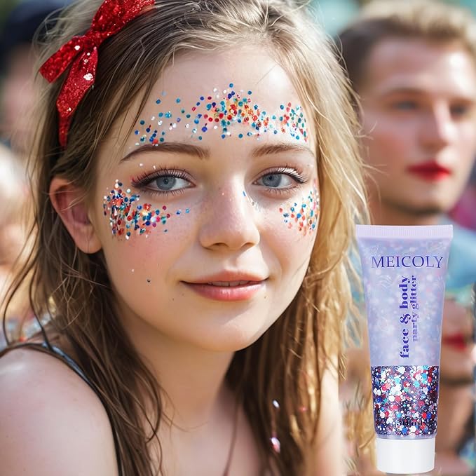 MEICOLY Red White and Blue Body Glitter,4th of July Patriotic Accessories Hair Glitter for Kids,4th of July Outfits for Women,Self-Adhesive Face Glitter for President's Day Veterans Day