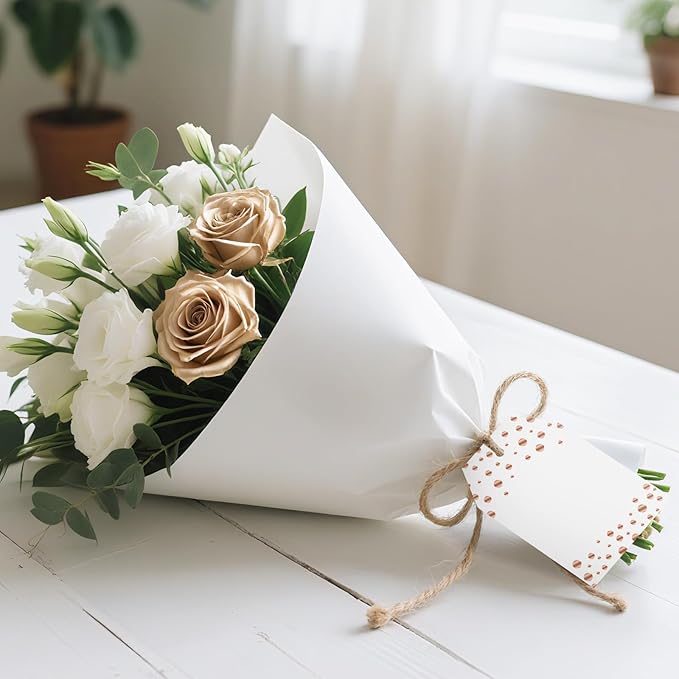Anwyll Gift Tags with String - 100Pcs Rose Gold Foil Confetti Polka Dot Gift Bag Tags Personalized White Blank Hanging Paper Label Tag for Birthday Party Bridal Shower Wedding Christmas Favors Present