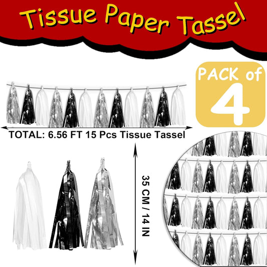 4P Black Silver white Tassel Banner Garland Metallic Foil Fringe Banner Tinsel Tassels Streamer Banner Backdrop for Parade Floats, Graduation Decorations, Halloween, Christmas Decorations