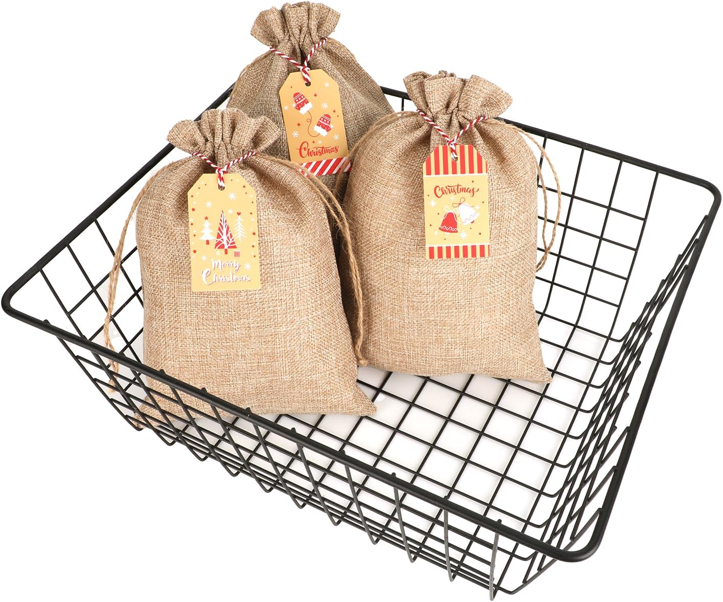 Tapleap Burlap Bags with Drawstring, 7x10 Inches Burlap Sack with Christmas Tags and String (Lot of 50) for Wrapping Christmas Gifts, Party Favors or for Christmas Decorations