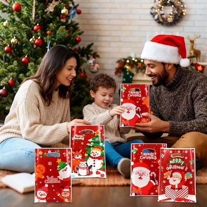 Christmas Gift Bags with Handles, 50Pcs Small Christmas Treat Bags Bulk Plastic Goodie Bag for kids, Snowman Santa Claus Candy Cookie Snacks Party Favor Bag for Xmas Holiday Party Decoration Supplies