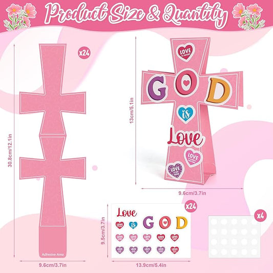 Yewfold 24Pcs Valentine's Day Religious Cross Craft Kit, Valentines DIY Cross Make Your Own 3D Handmade Valentines Christian Crafts, God is Love Church Art Project Activities