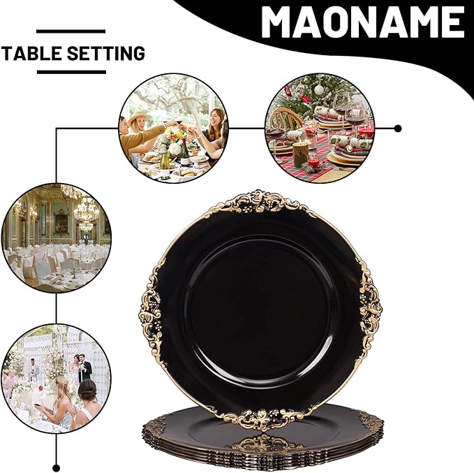 MAONAME Black Charger Plates with Gold Rim, Round Antique Plate Chargers for Dinner Plates, 13" Plastic Charger for Wedding Table Setting, Set of 6