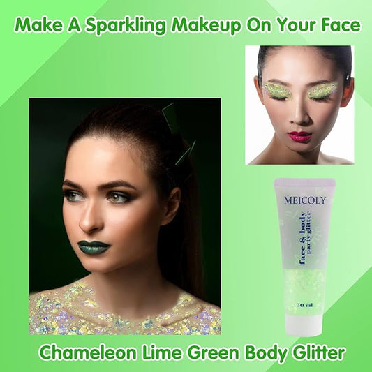 MEICOLY Lime Green Body Glitter,Holographic Chunky Chameleon Face Glitter for Halloween Alien Makeup,Self-Adhesive Color Changing Mermaid Glitter Gel,Glitter for Face Body Hair,Festival Party Cheer