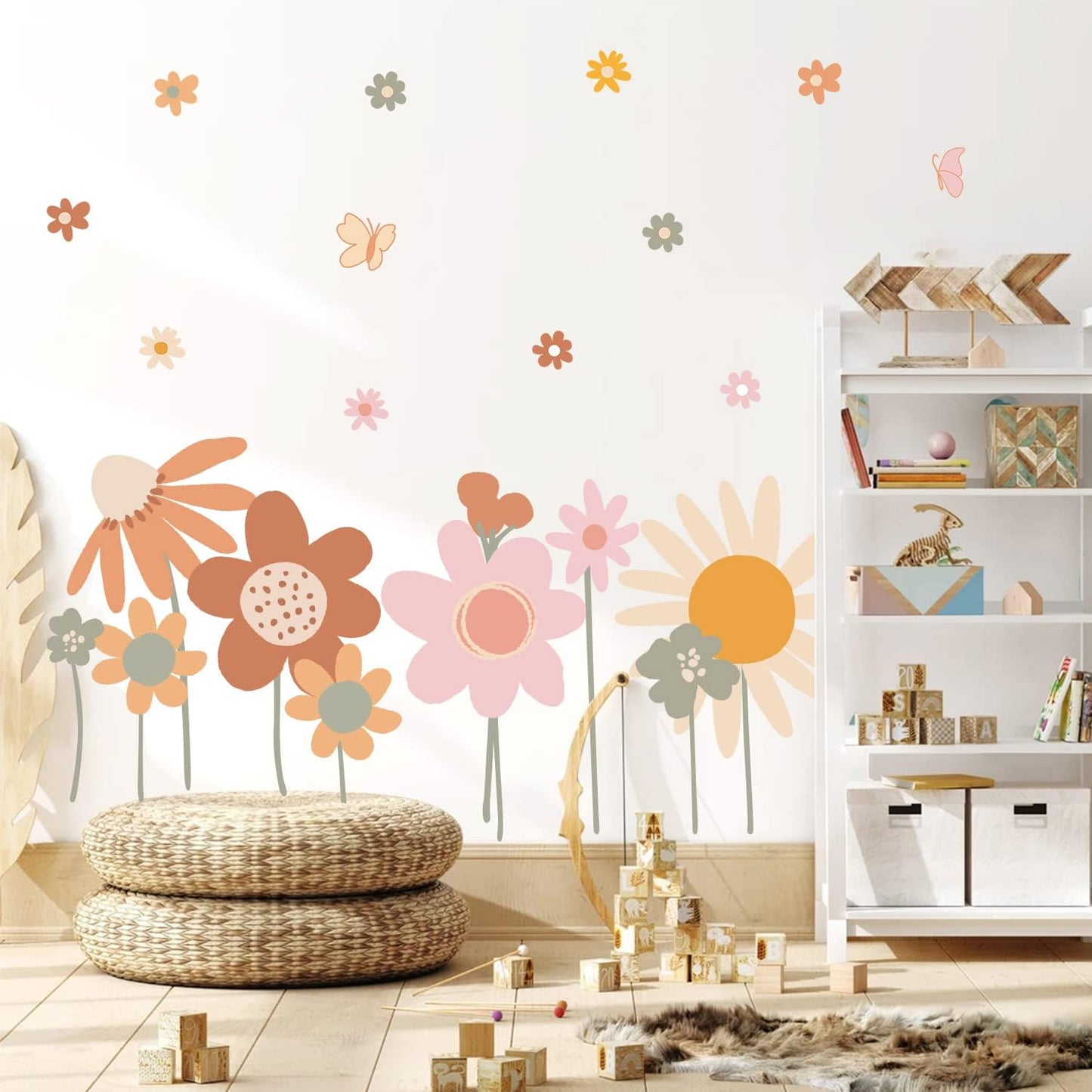 Supzone Colorful Flower Wall Stickers - Boho Retro Vintage Floral Art Decals for Bedroom, Living Room, TV, Office - Large Home Decoration