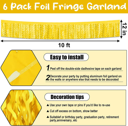 6 Pack 10 Feet Yellow Wave Foil Fringe Garland Metallic Tinsel Streamers Banner Wall Hanging Curtain Backdrop for Parade Floats, Mother's Day, Easter, Wedding, Birthday Party Decoration