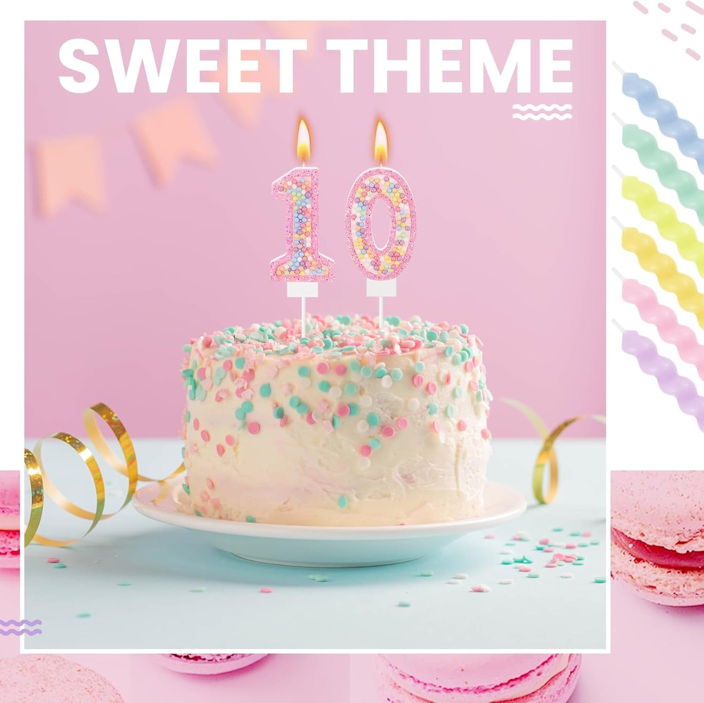 MTLEE Number 10 Birthday Candle with 12 Pcs Spiral Candles for Girls Macaron Pastel Rainbow Unicorn Pink Cake Topper for Sweet Theme Party Decoration