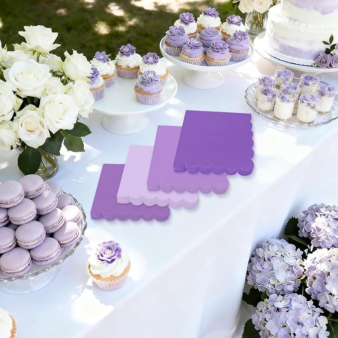 120PCS Gradient Purple Cocktail Party Napkins, Purple Scalloped Beverage Dessert Paper Napkin for Birthday Wedding