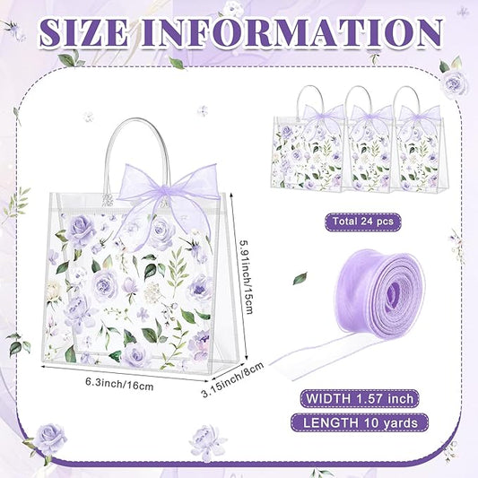 Wesnoy 24 Pcs Clear Floral Gift Bags with Handles Rose Purple Flower PVC Treat Tote Bag for Tea Birthday Party Wedding Bridal Shower Bachelorette Anniversary Engagement Guests, 7.8 x 7.8 x 3.2 Inch