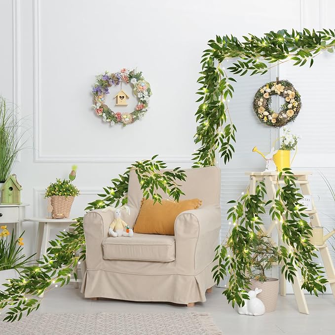 RECUTMS Artificial Hanging Willow Leaves Vine Twigs with Light 2Pc 5.7Ft Fake Silk Green Leaves Ivy Garland Faux Greenery Decoration for Indoor Outdoor Home Wedding Jungle Birthday Party Garden Table