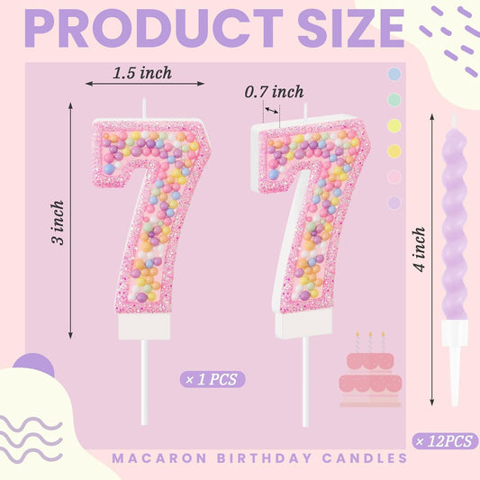 MTLEE Number 7 Birthday Candle with 12 Pcs Spiral Candles for Girls Macaron Pastel Rainbow Unicorn Pink Cake Topper for Sweet Theme Party Decoration