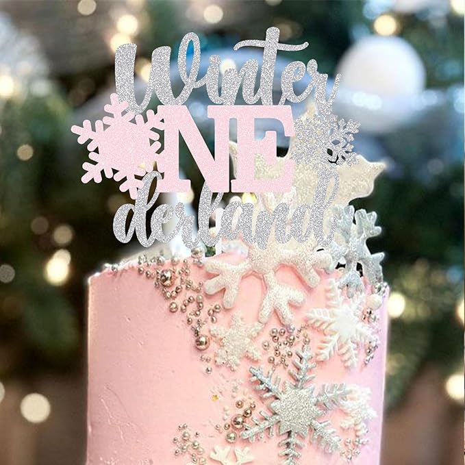 Winter Onederland Cake Topper Snowflake First Birthday Party Decoration Baby Holiday Supplies Silver Pink