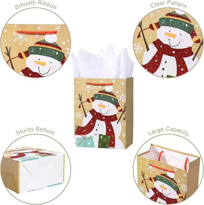 Loveinside Christmas Gift Bags Set, Glitter Foil Santa, Penguin, Snowman & Polar Bear Design, Medium Size Bags with Handle, Tissue Paper for Christmas Gifts & Party Favors, 4 Pack, 7" X 4" X 9"