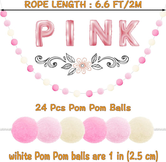 Jishi 3-Pack Pom Pom Garland Pink Felt Ball Ornament Garland Christmas Decorations, Cute Pompom Strings for Christmas Tree Decor, Xmas Holiday Party, Birthday Banner - 6.6 Feet Long, 24 Balls 25mm
