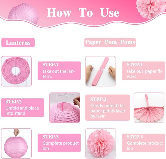14 Pcs Pink Party Decorations Kit - Tissue Pom Poms, Lanterns & Polka Dot Garland for Girls Birthday, Baby Shower, Bachelorette, Princess Theme, Bridal Shower, Valentine's & Mother's Day