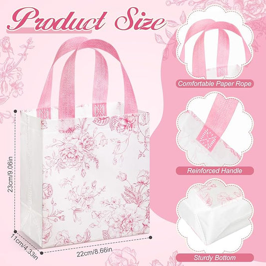 HunnmingRe 30 Pcs Pink Floral Gifts Bags Bridal Shower Party Favor Bags Bulk Wedding Welcome Non Woven Tote Handbags for Baby Shower Birthday Tea Fall Party Supplies