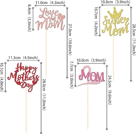 12 PCS Happy Mother's Day Centerpiece Sticks Double Sided Glitter Love Super Mom Best Mom Centerpieces for Happy Mother's Day Theme Table Flower Decorations Women Birthday Party Supplies Colorful