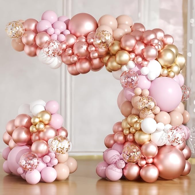 Rose Gold Balloons Arch Garland Kit 164pcs Pastel Pink Chrome Gold Balloon in Different Sizes with Confetti Balloons for Mothers Day Bridal Shower Princess Girl Birthday Baby Shower Party Decorations