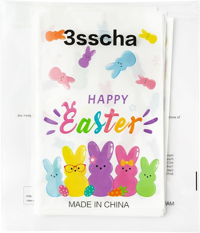 50Pcs Easter Bunny Peeps Party Favor Bag - Happy Easter Rabbit Plastic Waterproof Goodie Bag with Die Cut Handles Rectangular Candy Gift Bags for Kids Festival Decoration Party Favor Supplies